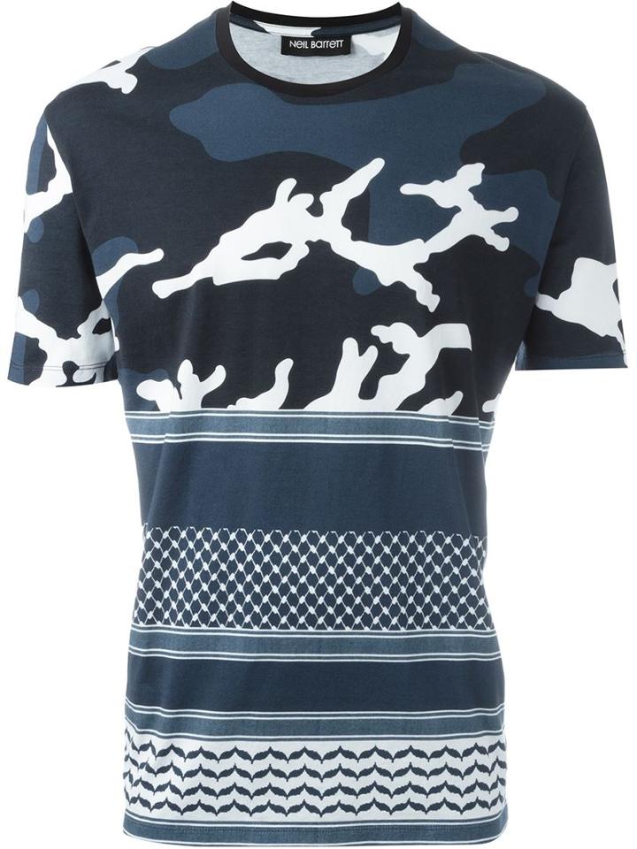 Neil Barrett Patterned Camouflage Shirt, Men's, Size: S, Blue, Cotton