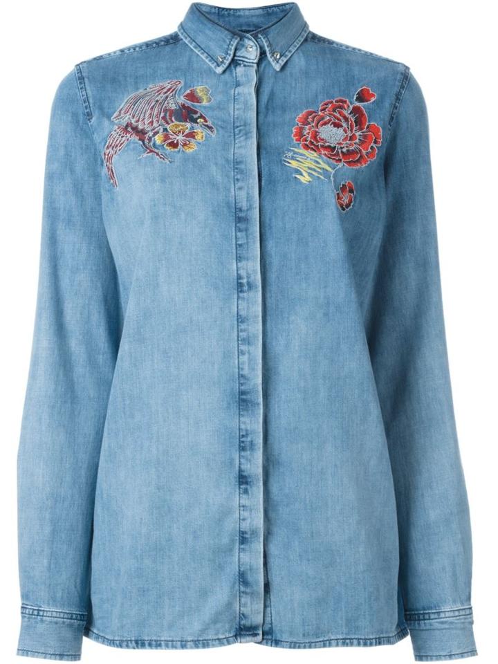Diesel Embroidered Denim Shirt, Women's, Size: S, Blue, Cotton