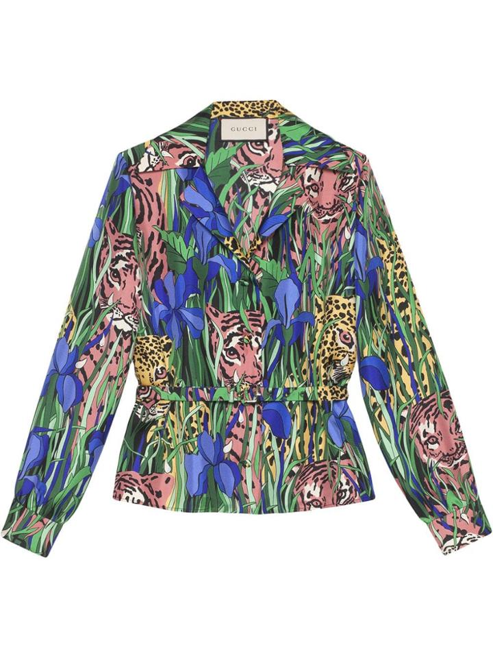 Gucci Silk Shirt With Feline Garden Print - Green