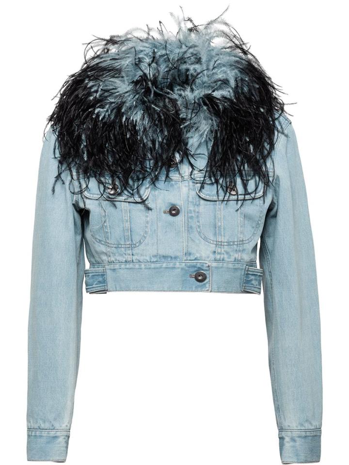 Prada Denim Jacket With Ostrich Feather Trim - Blue