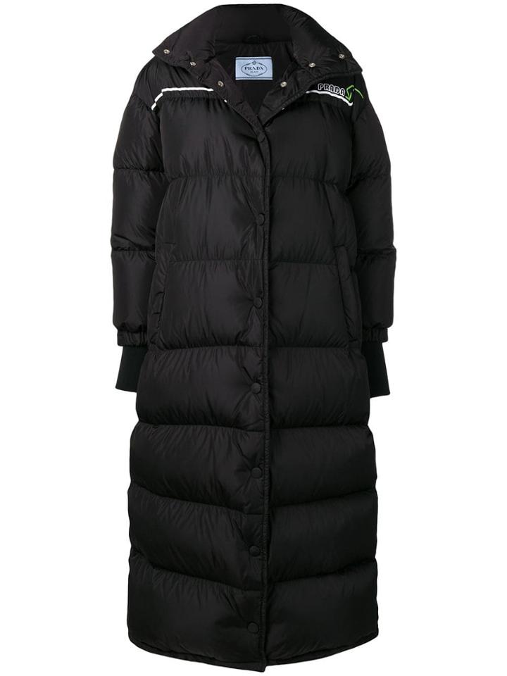 Prada Long Padded Logo Coat - Black