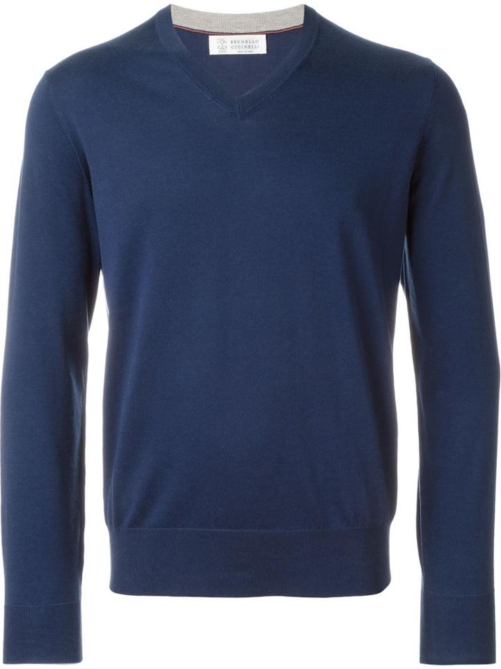Brunello Cucinelli V-neck Jumper, Men's, Size: 56, Blue, Cotton