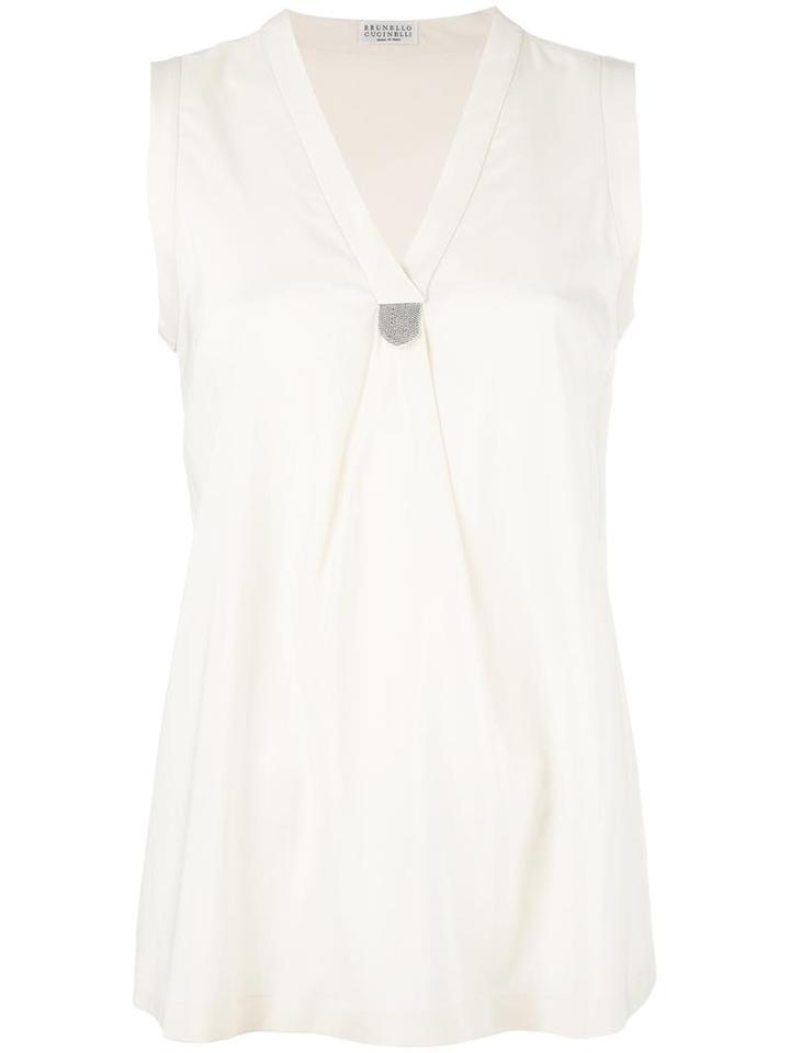 Brunello Cucinelli V Neck Blouse, Women's, Size: Large, White, Silk/spandex/elastane
