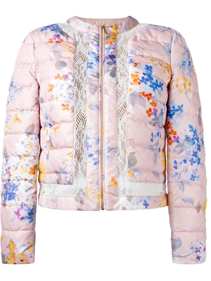 Blumarine Floral Print Open Lace Panel Detail Puffer Jacket