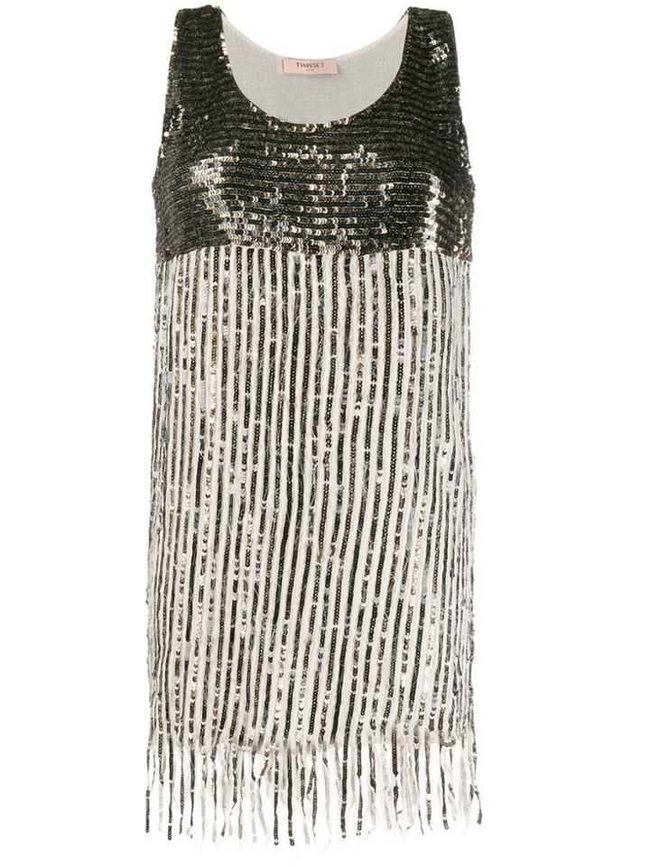 Twin-set Sequin-embellished Fringed-hem Dress - Neutrals