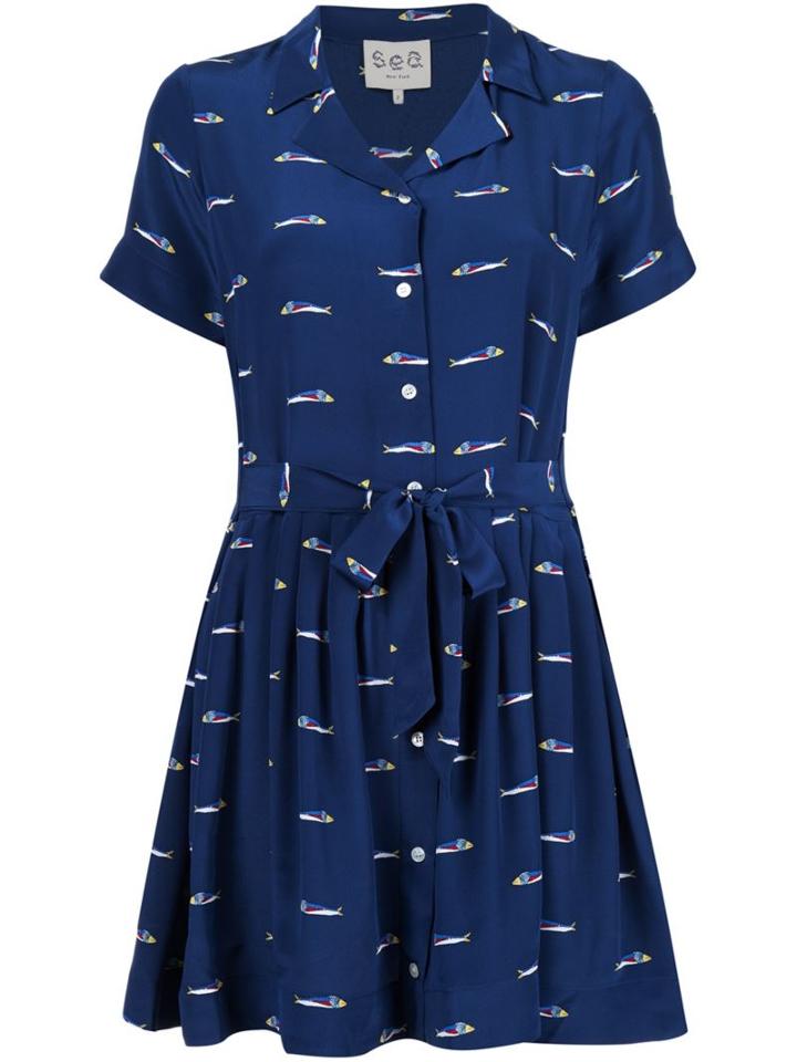 Sea Fish Print Mini Dress, Women's, Size: 2, Blue, Silk