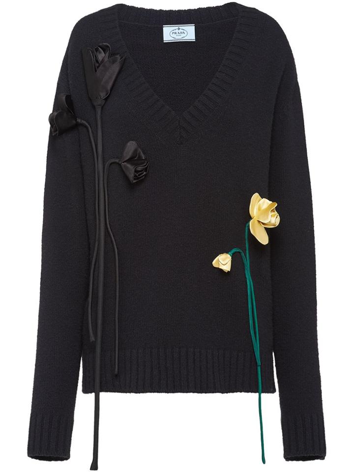 Prada Flower Apliqués V-neck Jumper - Black