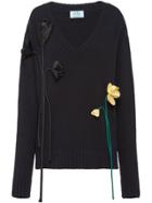 Prada Flower Apliqués V-neck Jumper - Black