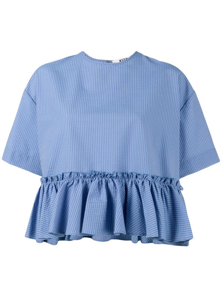 Msgm Stripe Ruffle Seersucker Top, Women's, Size: 42, Blue, Cotton/polyester