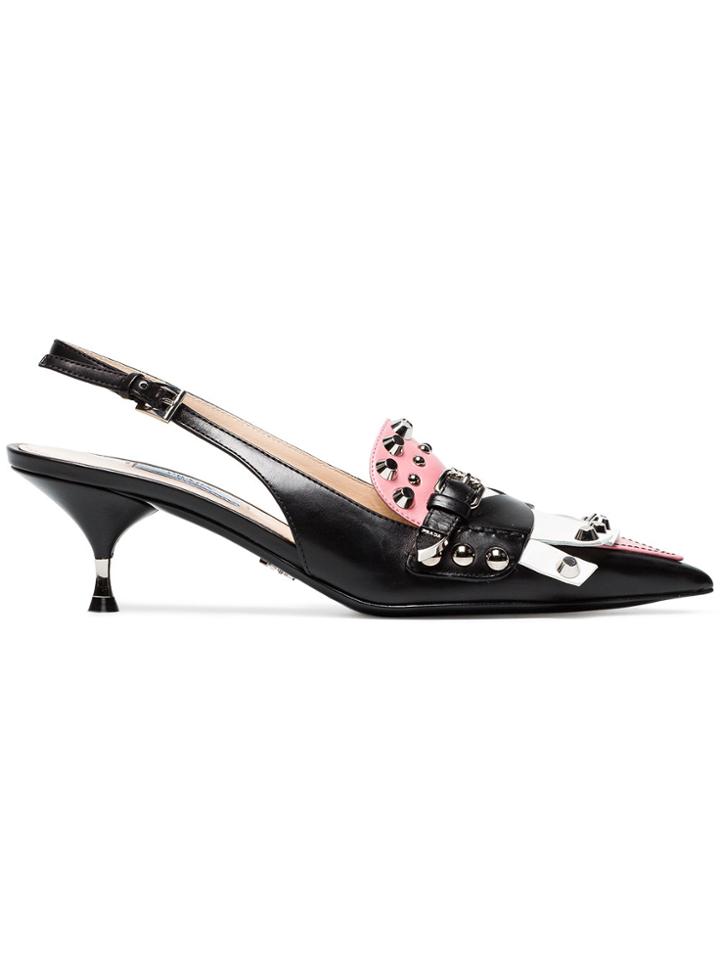 Prada Black, Pink And White Studded Fringe Leather Slingbacks