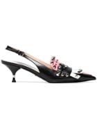 Prada Black, Pink And White Studded Fringe Leather Slingbacks