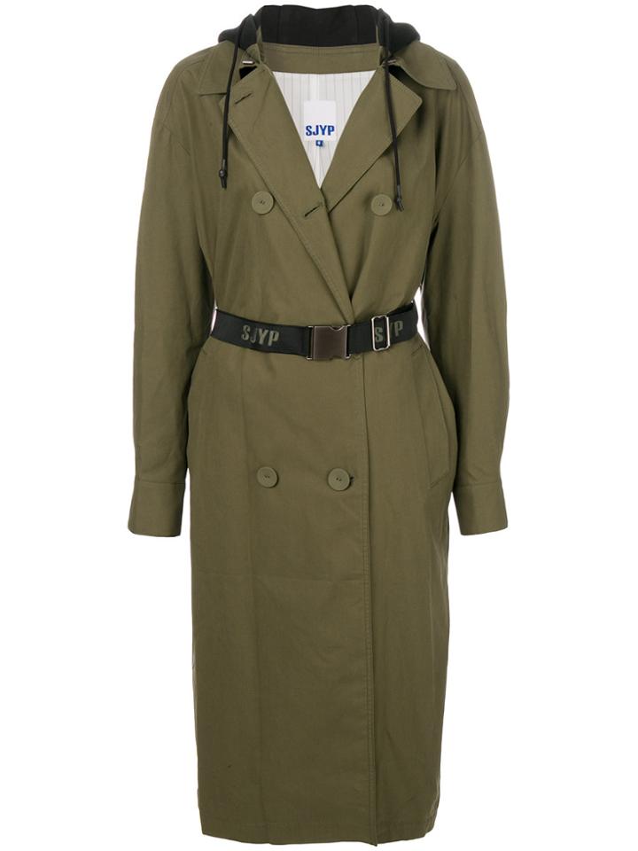 Sjyp Hooded Trench Coat - Green