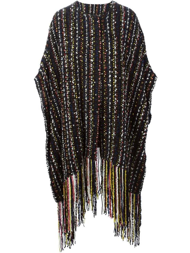 Msgm Fringed Poncho Coat, Women's, Size: 40, Black, Cotton/acrylic/viscose/wool