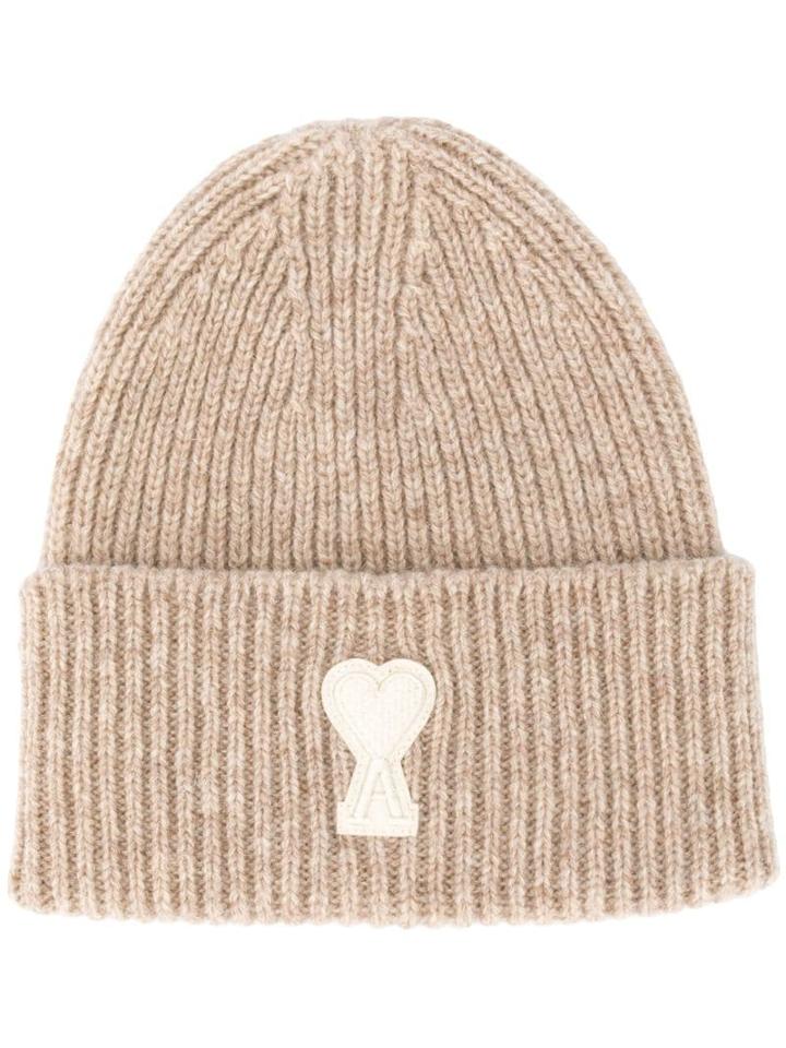 Ami Alexandre Mattiussi Ribbed Beanie Ami De Coeur Patch - Neutrals