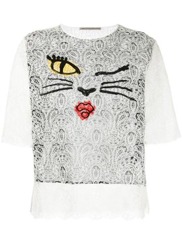 Ermanno Scervino Cat Face Lace Top, Women's, Size: 44, White, Silk/polyamide/viscose