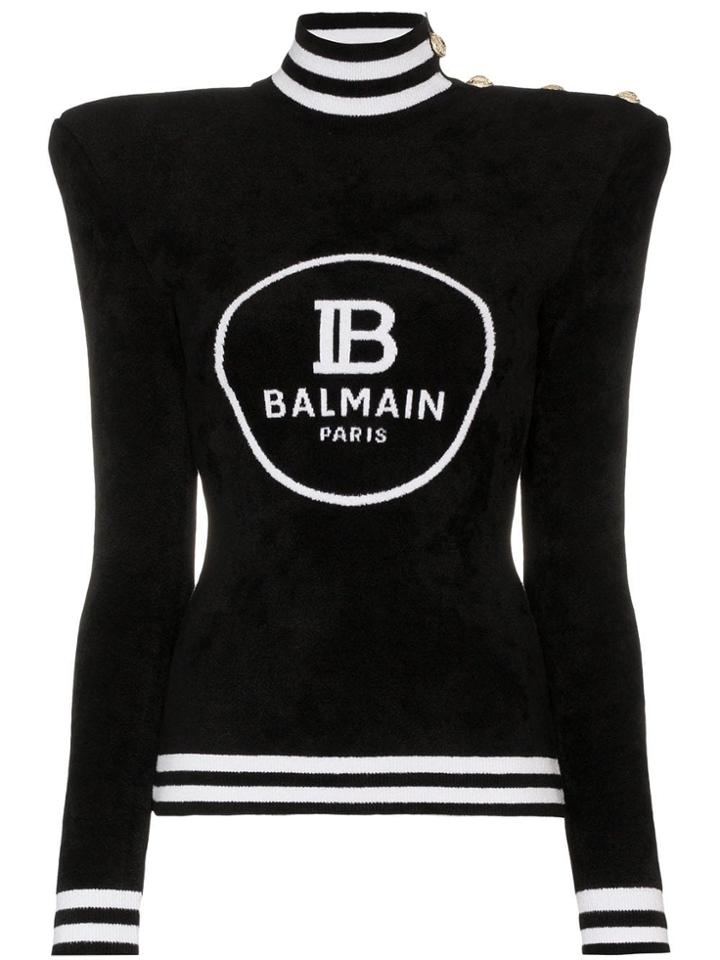 Balmain Padded-shoulder Logo Intarsia Sweater - Black