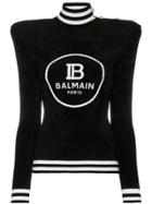 Balmain Padded-shoulder Logo Intarsia Sweater - Black