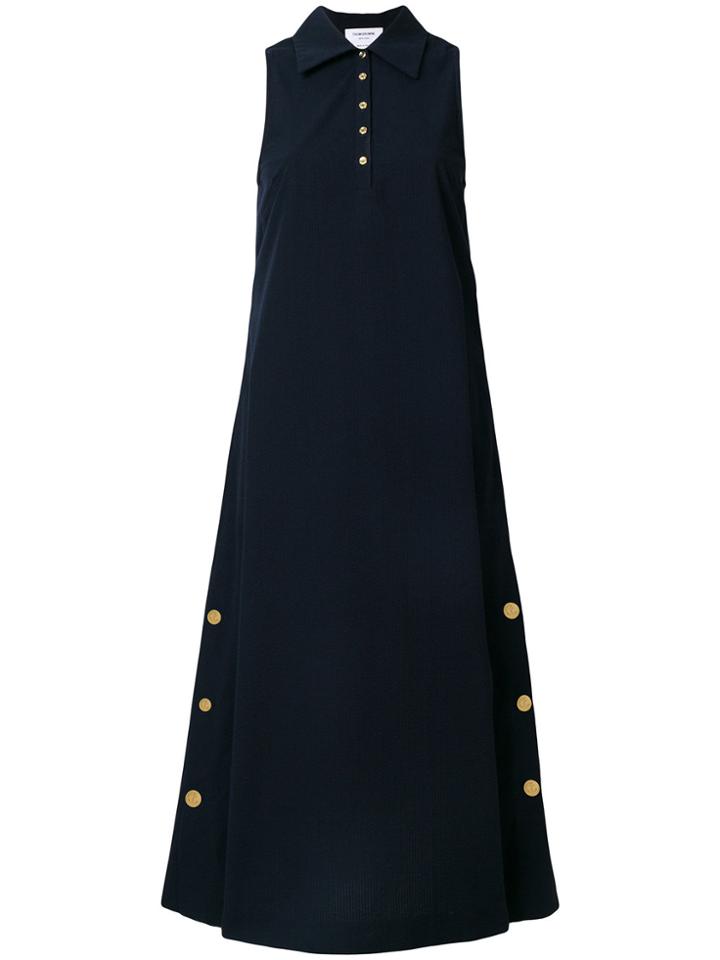 Thom Browne Gathered Back Polo Collar Tank Dress In Seersucker - Blue