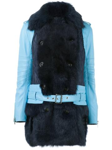 Sacai Fur Trim Leather Coat, Women's, Size: 1, Blue, Lamb Fur/leather/polyester/cupro