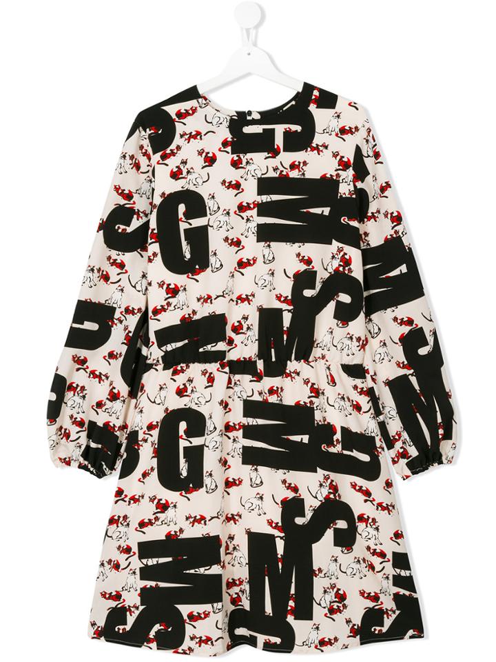 Msgm Kids Logo Cat Print Dress - Black