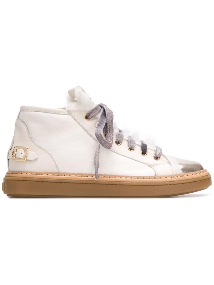Agl Faux Fur Trim Hi-top Sneakers - White