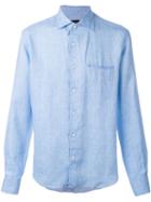 Corneliani Embroidered Logo Shirt, Men's, Size: 40, Blue, Linen/flax