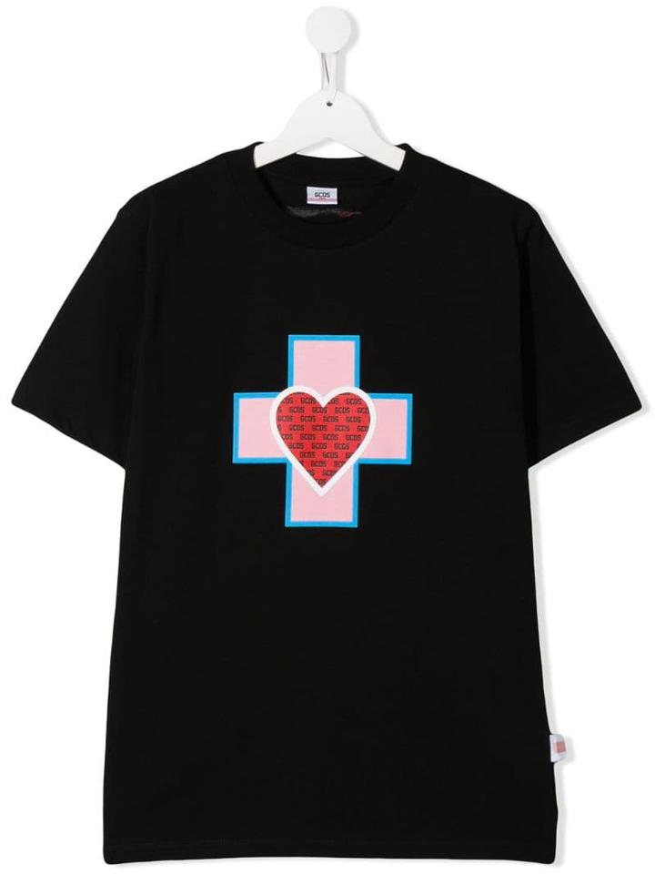 Gcds Kids Teen Heart And Cross Print T-shirt - Black