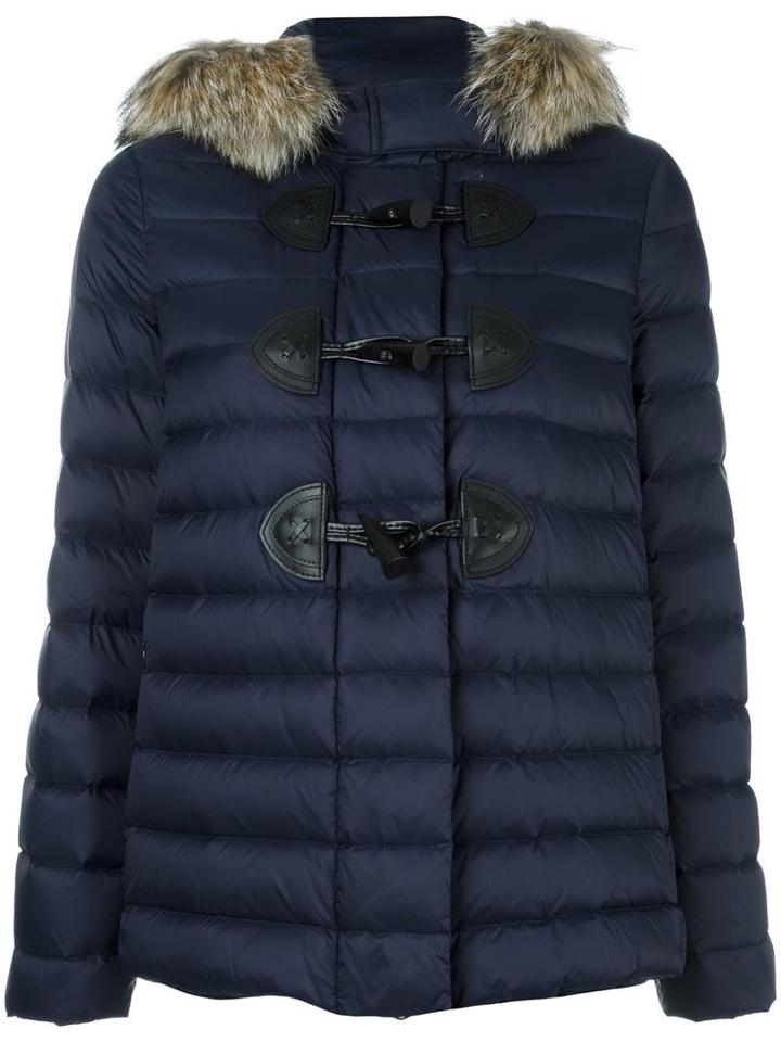 Red Valentino Hooded Puffer Jacket, Women's, Size: 44, Blue, Polyamide/leather/coyote Fur/polyamide