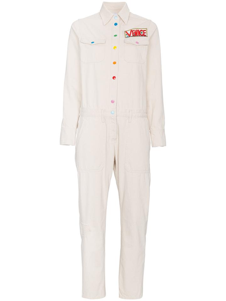 Mira Mikati White Denim Jumpsuit With Patches