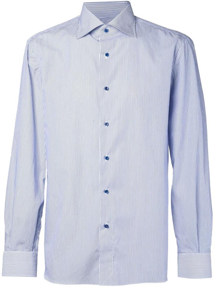 Isaia Striped Shirt, Men's, Size: 16, Blue, Cotton