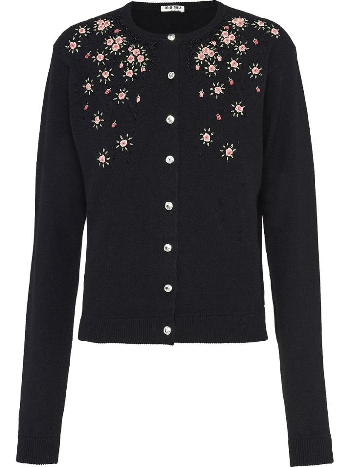 Miu Miu Cashmere Floral Embroidery Cardigan - Black
