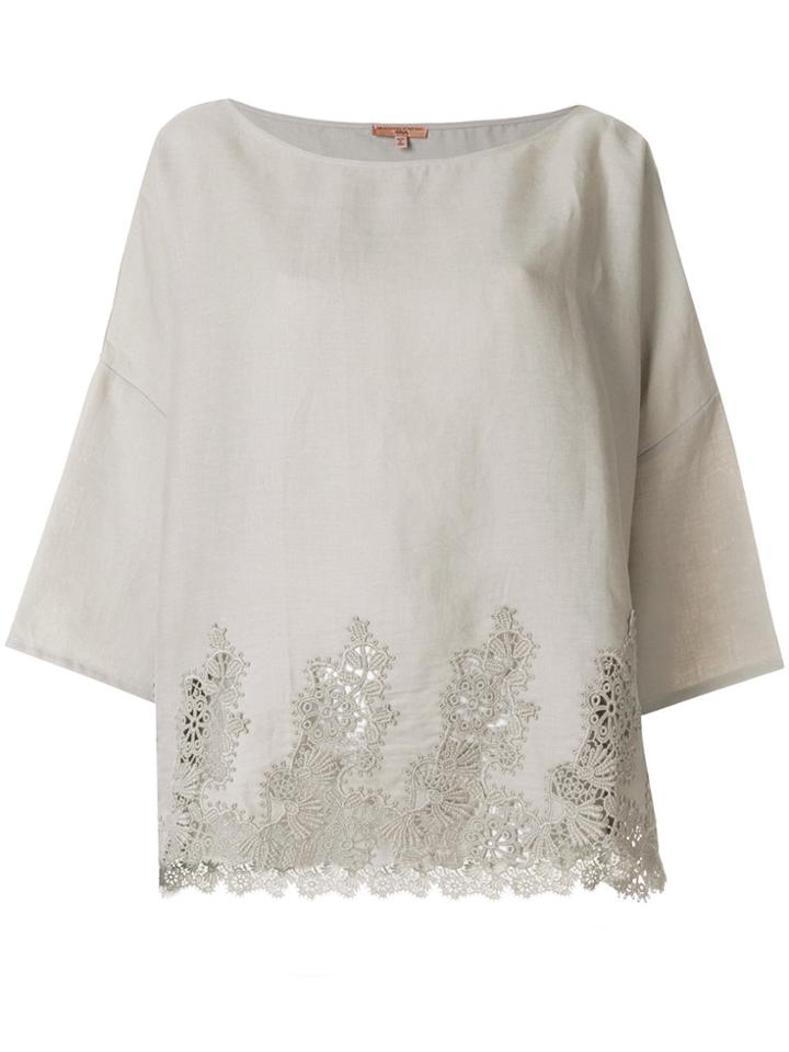 Ermanno Scervino Open Embroidery Cropped Sleeve Top - Nude & Neutrals