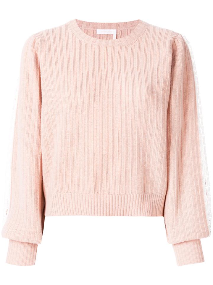 See By Chloé Embroidered Ribbed Balloon Sleeve Sweater - Nude &