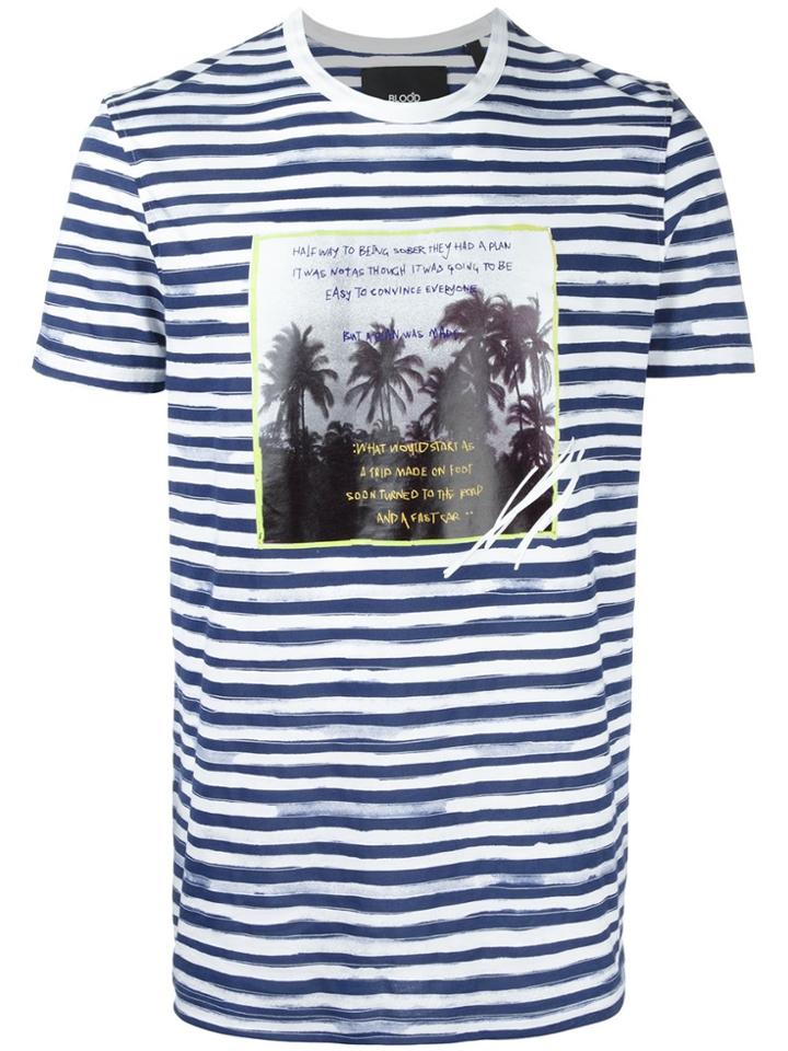 Blood Brother Palm Tree Print Striped T-shirt - Blue