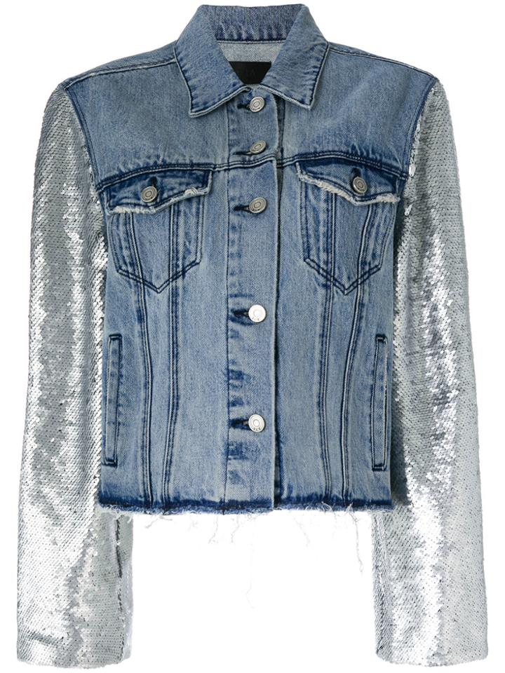 Rta Metallic-sleeve Frayed Denim Jacket - Blue