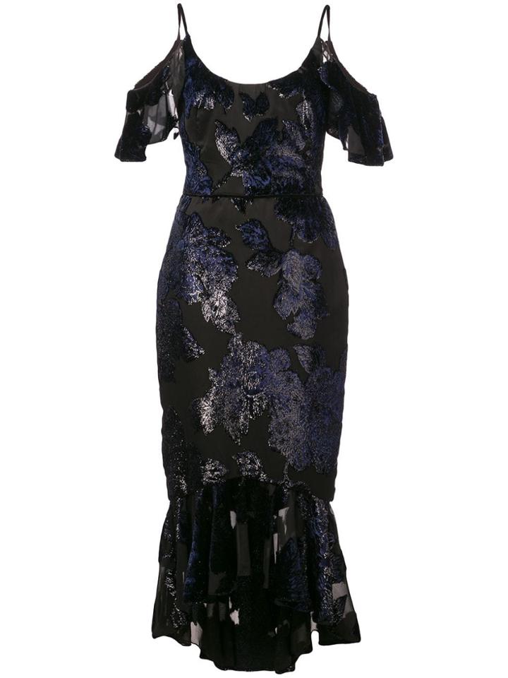 Marchesa Notte Sequin Embellished Cold Shoulder Dress - Black