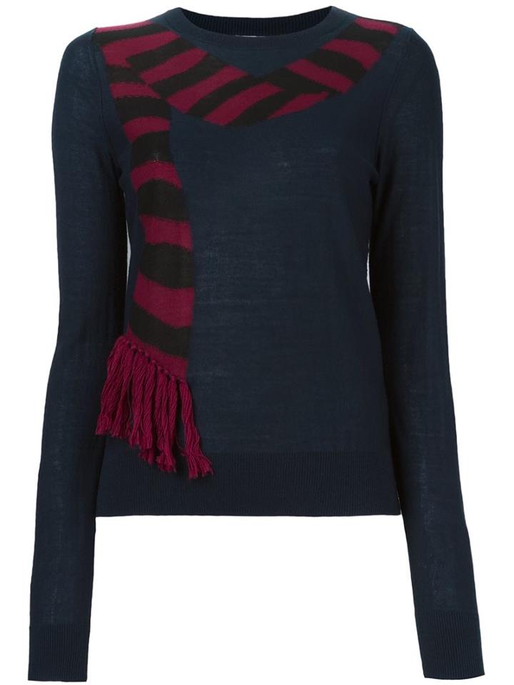 Sonia By Sonia Rykiel Scarf Motif Fringed Sweater, Women's, Size: Small, Blue, Wool/acrylic
