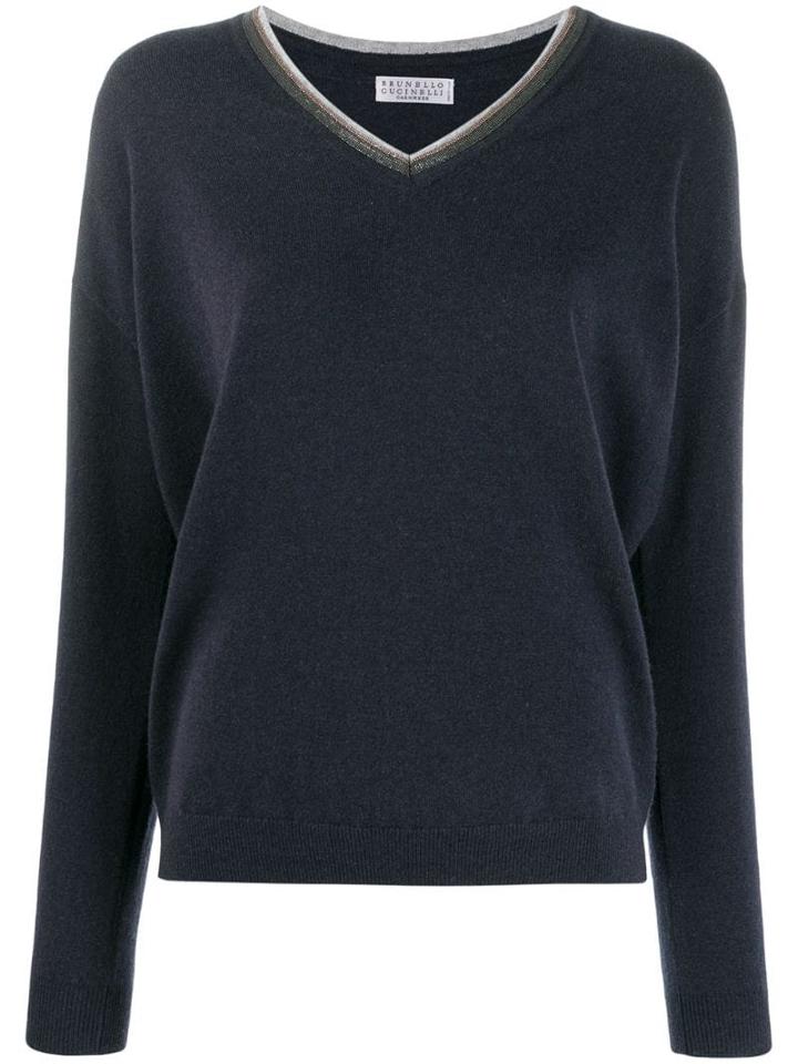 Brunello Cucinelli Embellished V-neck Cashmere Jumper - Blue