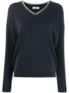 Brunello Cucinelli Embellished V-neck Cashmere Jumper - Blue