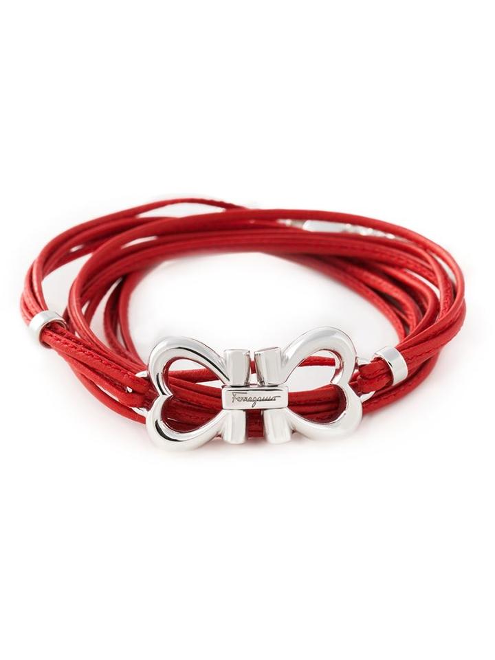 Salvatore Ferragamo Multi Strand Bracelet, Women's, Size: M, Red, Silver/leather