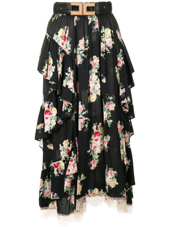 Elisabetta Franchi Floral Ruffle Skirt - Black