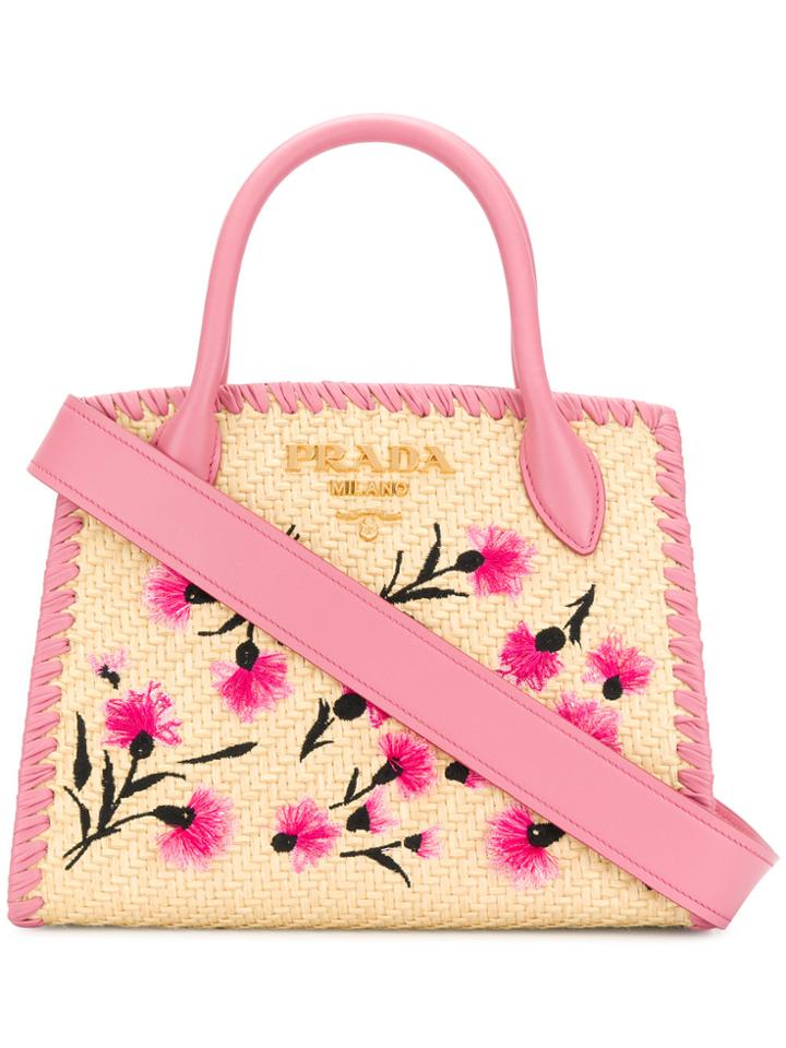 Prada Paglia Ricamo Small Tote Bag - Nude & Neutrals
