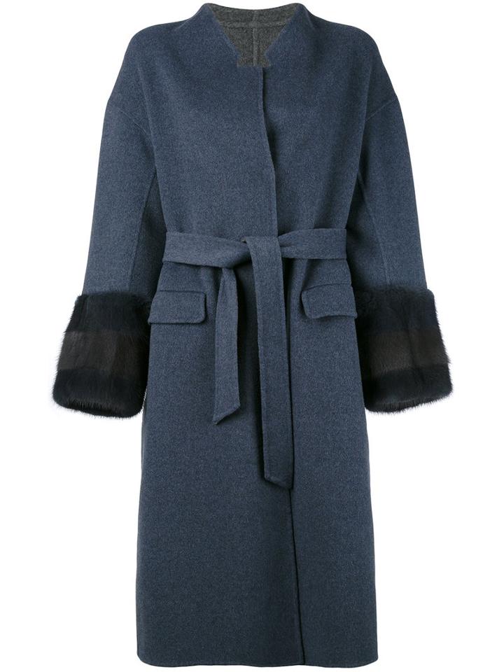 Liska - Belted Coat - Women - Mink Fur/cashmere/wool - M, Blue, Mink Fur/cashmere/wool