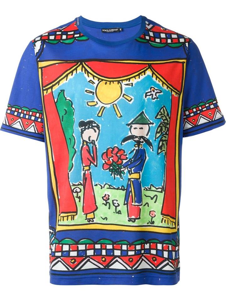 Dolce & Gabbana Drawing Print T-shirt, Men's, Size: 46, Blue, Cotton