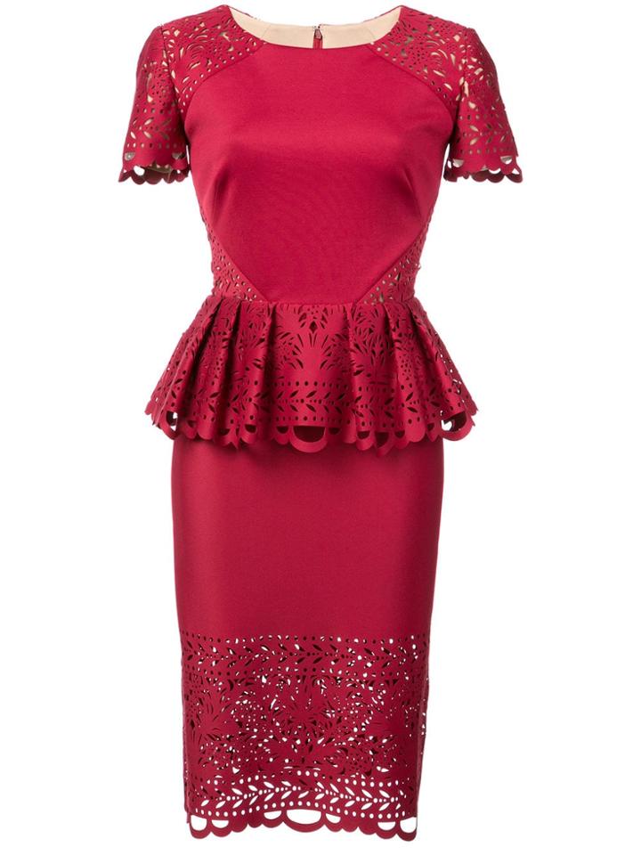 Marchesa Notte Laser-cut Peplum Midi Dress - Red