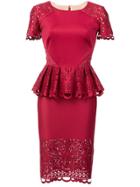 Marchesa Notte Laser-cut Peplum Midi Dress - Red