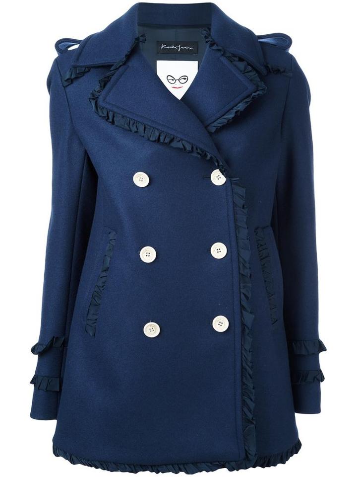 Rossella Jardini Ruffled Detailing Coat, Women's, Size: 44, Blue, Virgin Wool/polyimide/polyester/cotton