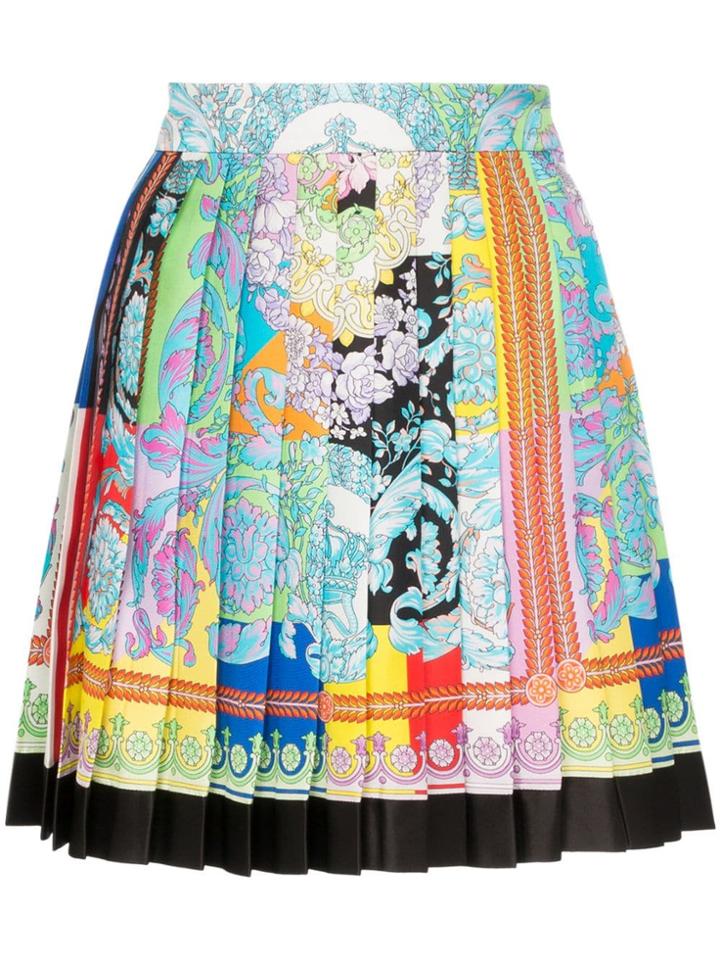 Versace Printed Pleated Silk Mini Skirt - Blue