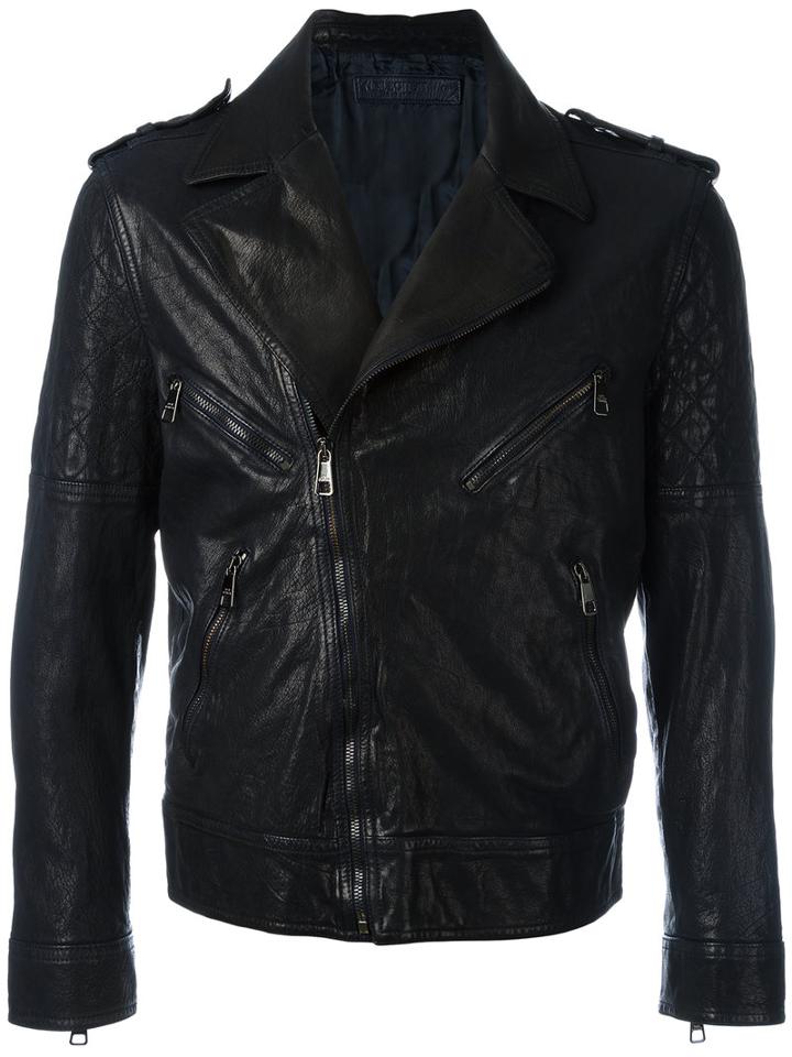 Neil Barrett Biker Jacket, Men's, Size: Large, Blue, Buffalo Leather/cupro
