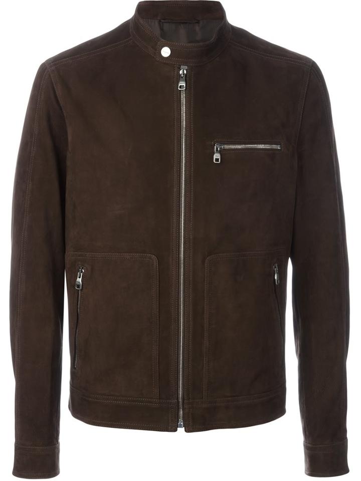 Salvatore Ferragamo Zipped Leather Jacket, Men's, Size: 50, Brown, Calf Leather/cupro
